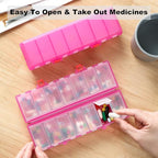 Foldable Pill Organizer 2 Times a Day w/Etched Labels -Dual Protection & Portable Weekly AM PM Pill Box, 7 Day Medicine Container, Large Travel Pill Case for Week Daily Supplement Vitamin -Clear Pink