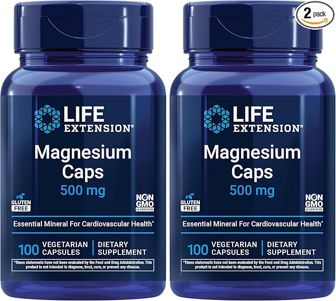 Life Extension Magnesium Caps, 500 mg, Magnesium Oxide, Citrate, Succinate, Heart Health, Healthy Bones, Metabolism Support, 100 Vegetarian Capsules (Pack of 2)