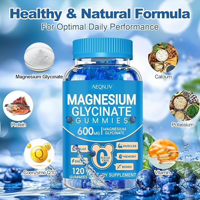 Magnesium Glycinate Gummies 600mg, Chewable Sugar Free Potassium Magnesium Gummies, Vitamin D, B6, and CoQ10 for Calm Support & Sleep for Adults, 60 Days Supply, 2 Pack