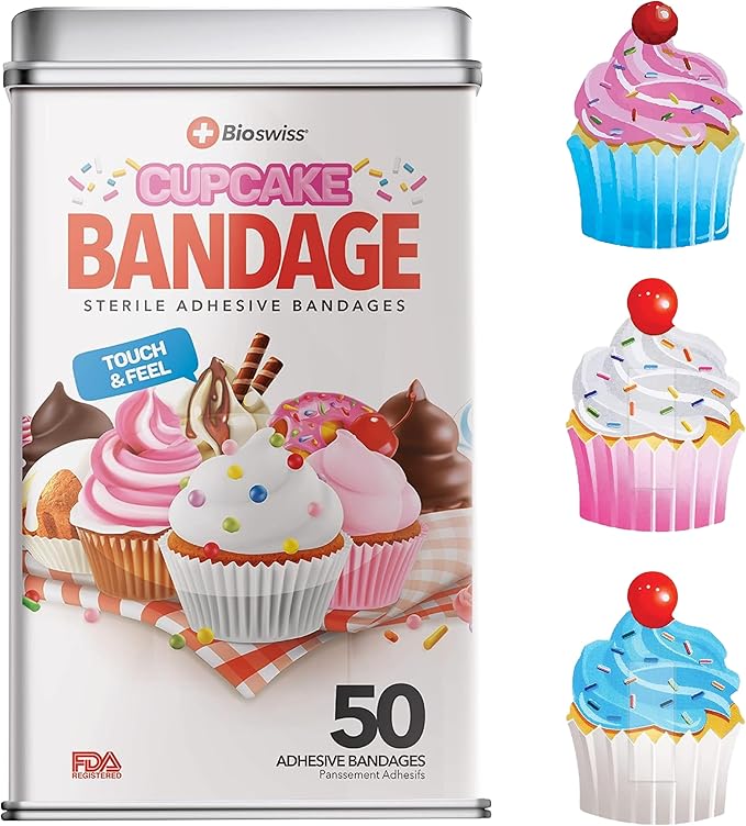 BioSwiss Bandages, Cupcake Shaped Self Adhesive Bandage Set, Latex Free, Sterile Wound Care, 50 Count