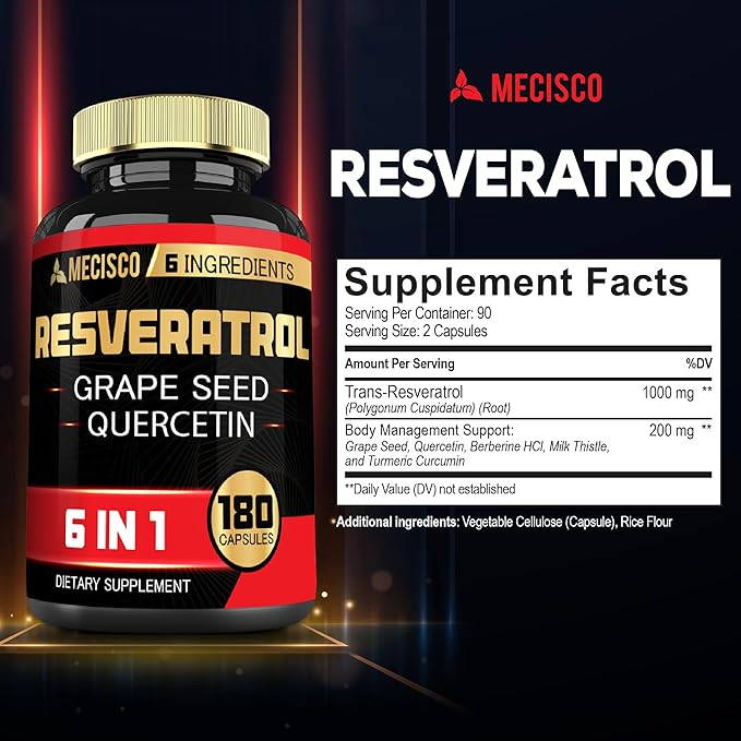 Mecisco 6in1 Trans Resveratrol Supplement with Grape Seed, Milk Thistle, and More - Resveratrol 1000mg - Supports for Immune System, Heart Health, Body Management - 180 Capsules