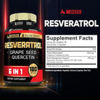Mecisco 6in1 Trans Resveratrol Supplement with Grape Seed, Milk Thistle, and More - Resveratrol 1000mg - Supports for Immune System, Heart Health, Body Management - 180 Capsules
