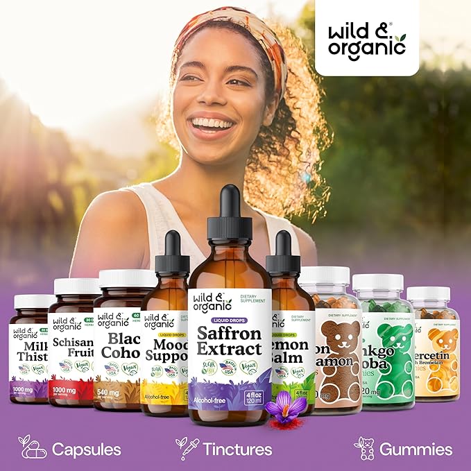 Wild & Organic Saffron Supplements 88.5 mg - 5-Month Supply - Saffron Extract Drops for Mood, Focus, Eye Support - Crocus Sativus Liquid Extract - Vegan, Alcohol & Sugar-Free Tincture - 4 fl oz