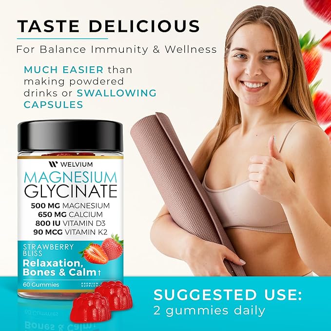 Magnesium Glycinate Gummies with Ashwagandha, L-Theanine - 500mg Magnesium Glycinate, D3, K2, B6, Calcium, Zinc, Potassium Supplement for Muscle, Immune and Bone Support, Chewable Magnesium