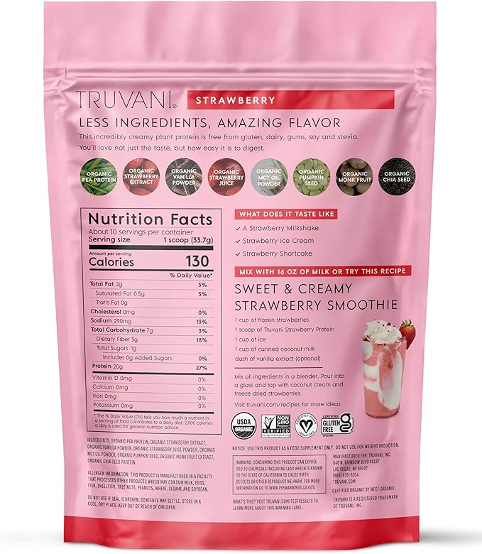 Truvani Vegan Pea Protein Powder | Strawberry | 20g Organic Plant Based Protein | 10 Servings | Keto | Gluten & Dairy Free | Low Carb | No Added Sugar