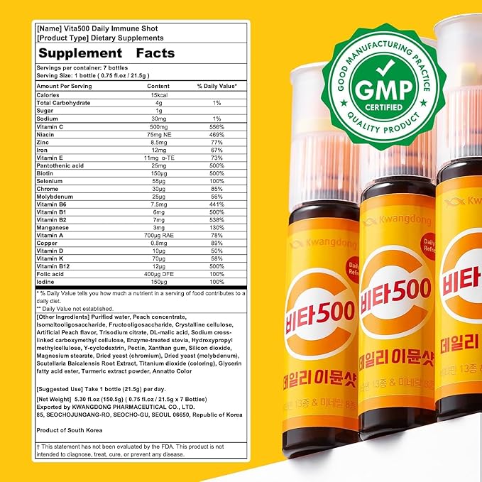 KWANGDONG Vita500 Daily Immune Shot - 7-Day Supply, Immune Support Supplement with 13 Vitamins and 8 Minerals. All in One Immunity Booster Shot, 0.75Fl oz/Bottle (30 Bottles)