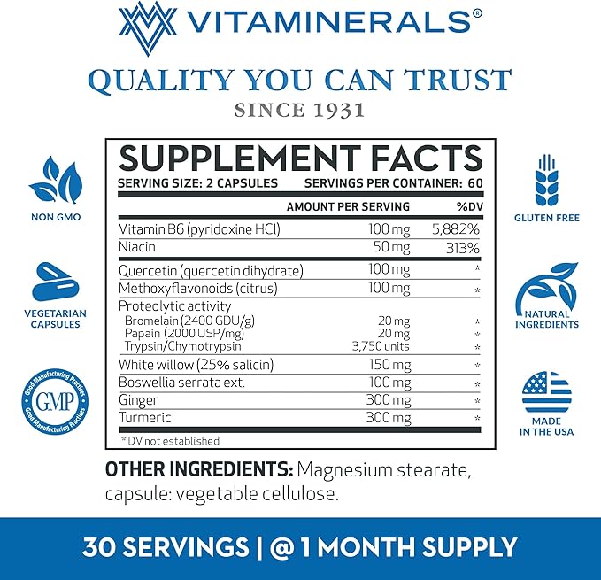 Vitaminerals® 121+ Inflamax® Plus | Quercetin | Proteolytic Enzymes | Ginger | Turmeric | Veggie caps