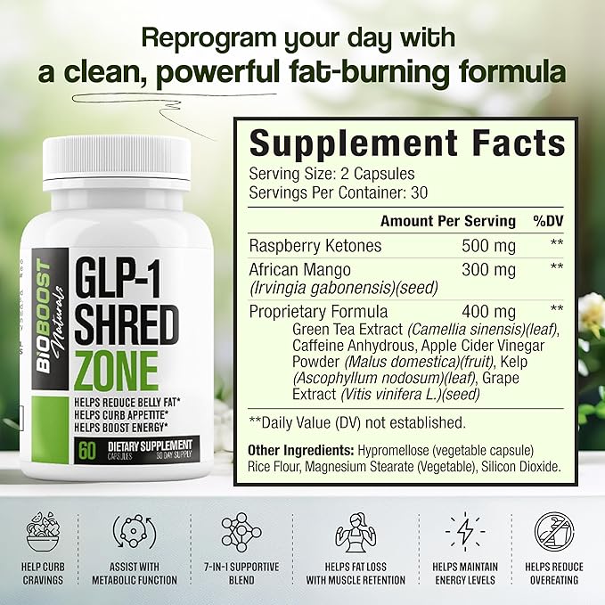 GLP-1 Shred Zone - Weight Loss Pills for Women & Men + Appetite Suppressant Support - Supports Healthy Pathways Associated with GLP-1 Activity - Fat Burner Supplement - 60 Capsules