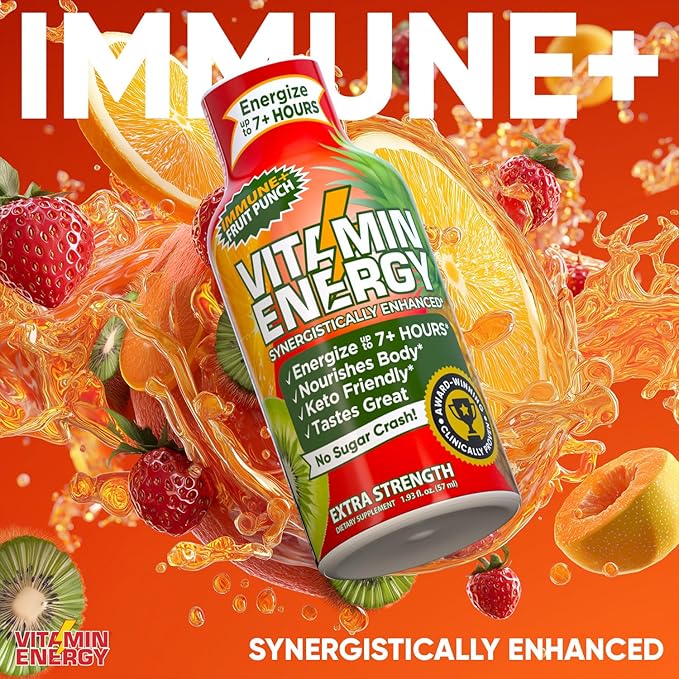 Vitamin Energy Immune+ Extra Strength Energy Shot Fruit Punch 48 Pack, 260mg Natural Caffeine, B-Vitamins, Citicoline, Green Tea, Immunity & Focus Support, Zero Sugar, Gluten-Free 1.93 fl oz