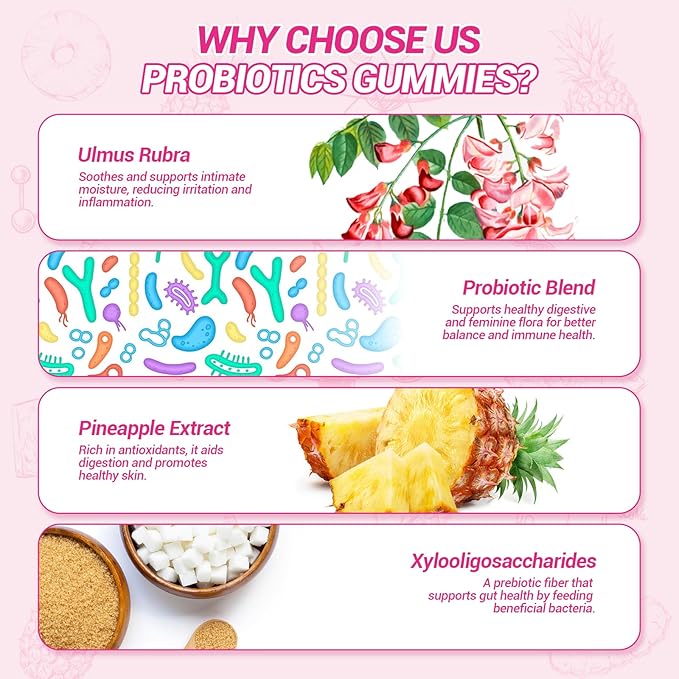 Her Juicy Feminine Probiotics Gummies, Premium Feminine Balance Probiotics with Slippery Elm for Women's pH Balance and Freshness – Support Daily Wellness & Comfort 120 Pineapple Gummies