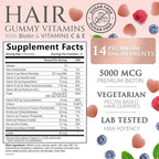 Hair Vitamins Gummies - Sugar Free Hair Growth Support Gummy with Biotin 5000 mcg Per Serving, Vitamin A, B12, C, D, E, Folic Acid - Supports Strong Beautiful Hair and Nails, Vegetarian - 60 Gummies
