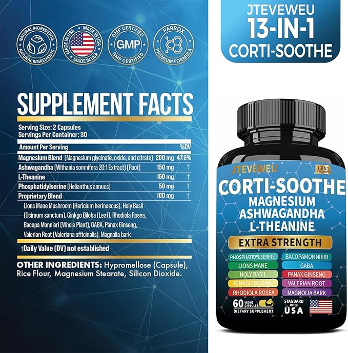 Corti-Soothe Cortisol Supplement for Women and Men with Magnesium Glycinate 200mg, L-Theanine 150mg, Phosphatidylserine 50mg & Manager Holy Basil Ginkgo Biloba Bacopa Monnieri Valerian 60 Capsules