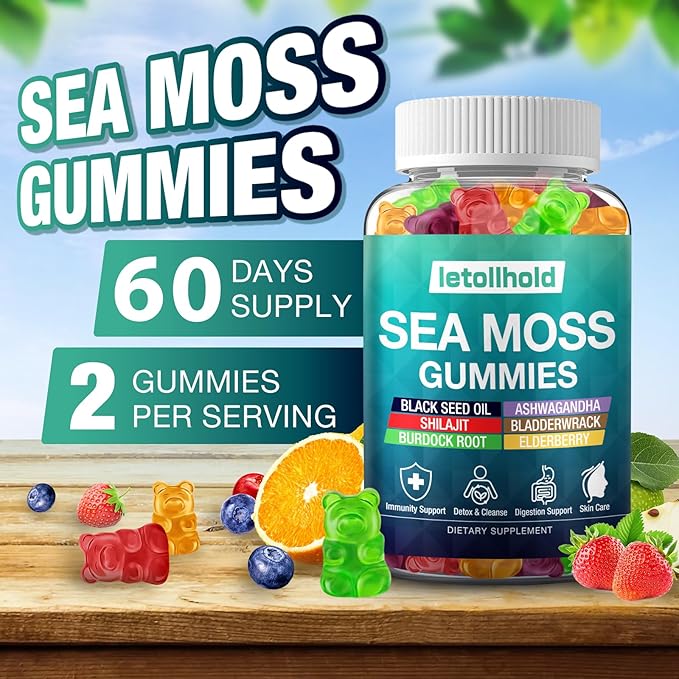 Sea Moss Gummies - Irish Sea Moss Gummies Advanced for Adults with Ashwagandha Bladderwrack & Burdock Root for Supports Immune，Energy - 60 Vegan Gummy,4PCS