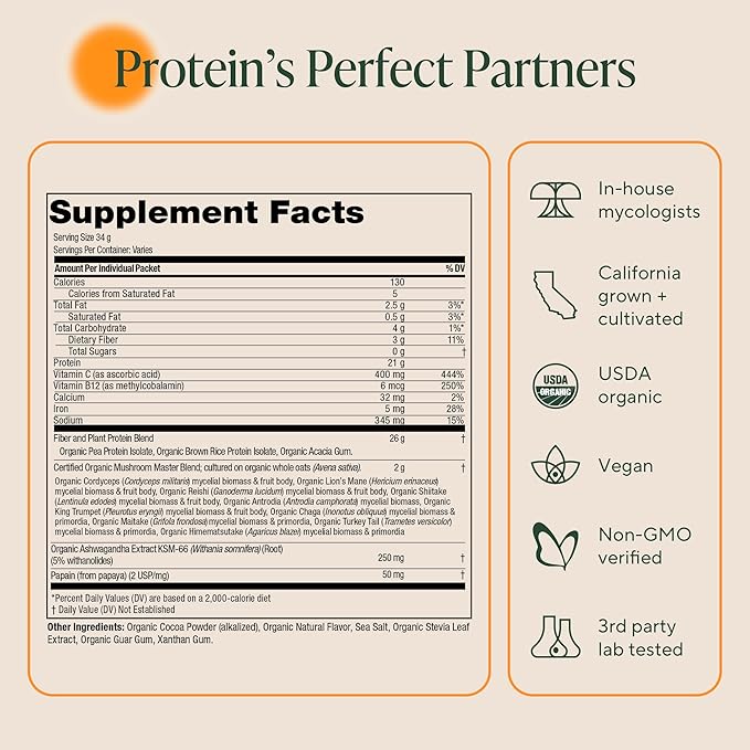 OM MUSHROOM SUPERFOOD Master Blend Vegan Protein – Organic Vanilla Plant Protein with 10 Mushrooms, Ashwagandha, BCAAs & B12 – Energy, Recovery & Immune Support – 10 Single Serves