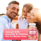 Center-Filled Iron Gummies for Adults & Kids - Iron Supplement with Vitamin B6, B12, C, Zinc, Folate - Support Women Iron Deficiency, Anemia, Blood Builder - Sugar Free Vegan 60ct Peach & Mango Flavor