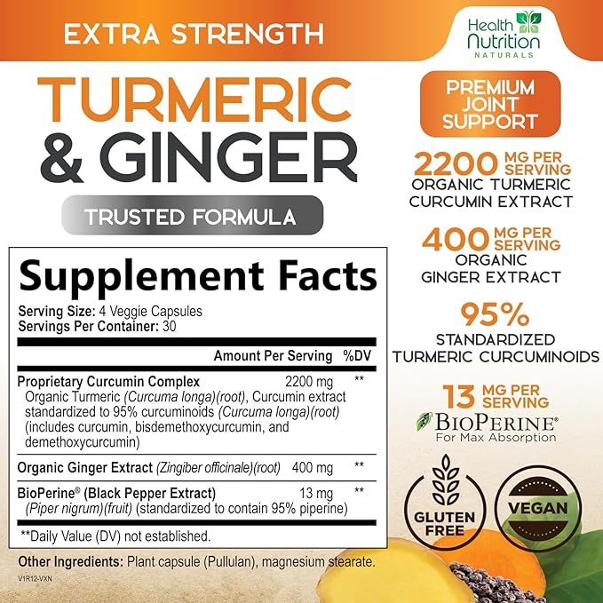 Turmeric Curcumin Supplement - 2200mg Curcumin Complex & 400mg Organic Ginger per Serving - 95% Curcuminoids & BioPerine Black Pepper for Best Absorption & Joint Support, Bottled in USA - 120 Capsules