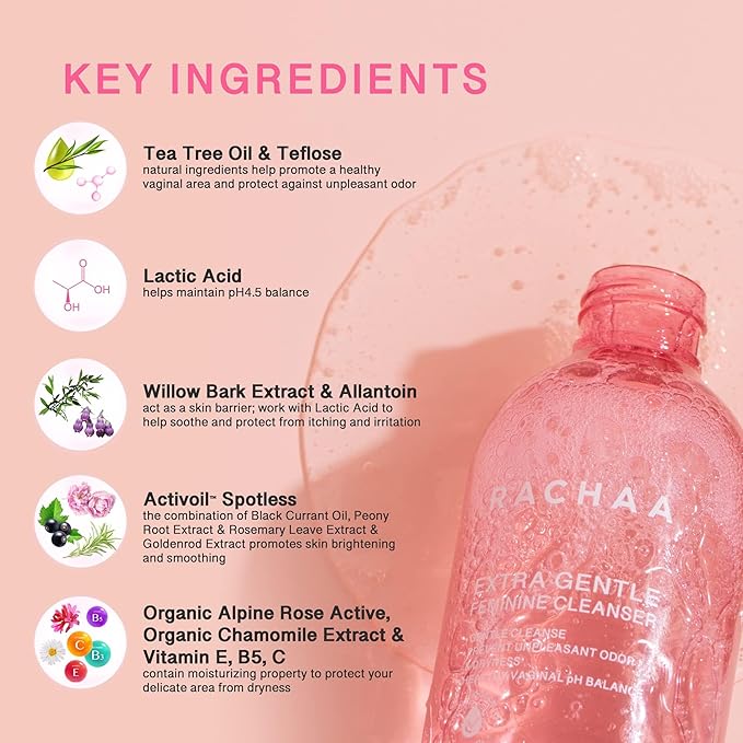 RACHAA Feminine Wash for Women - Gentle Daily Intimate Cleanser for Lightening, Moisturizing, Cleansing with Vitamin C, Tea Tree Oil & Lactic Acid - Sensitive, Hypoallergenic & pH Balance, 6.76 FL.Oz