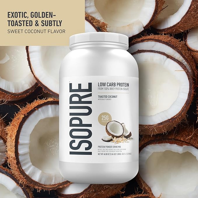 Isopure Low Carb 100% Pure Whey Isolate Protein Powder, Gluten Free, With Vitamins, Toasted Coconut, 25g Protein Per Serving, 3 Lbs, 42 Servings (Packaging May Vary)