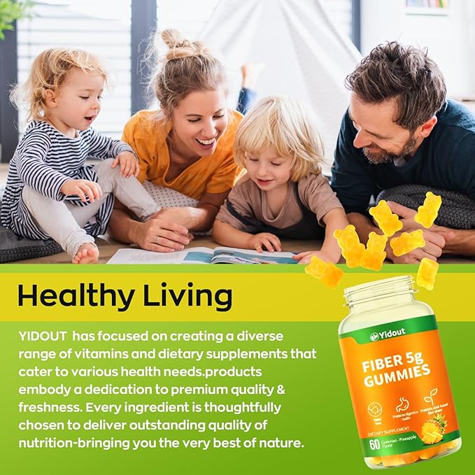 Fiber Gummies for Adults with Probiotics，No Sugar Added Pineapple Flavor, Promotes Gut Health and Regulate Bowel Movement, Vegan (60 Count（Pack of 1）)