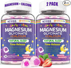 Neviss Magnesium Glycinate + Calcium Filled Gummies for Adults and Kids 4+, Kids Sleep Gummies Melatonin Free, No Sugar Magnesium Supplement w/B6 D3, L-Theanine for Zzz Relax, Brain,Bone,Muscle 2Pack