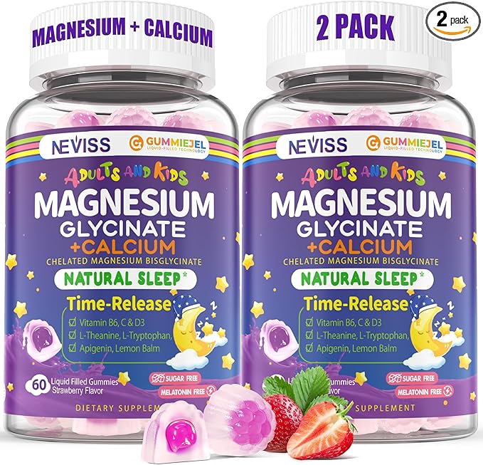 Neviss Magnesium Glycinate + Calcium Filled Gummies for Adults and Kids 4+, Kids Sleep Gummies Melatonin Free, No Sugar Magnesium Supplement w/B6 D3, L-Theanine for Zzz Relax, Brain,Bone,Muscle 2Pack
