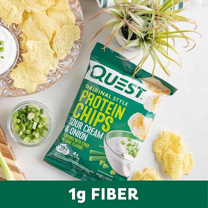 Quest Nutrition Sour Cream & Onion Protein Chips, 19g Protein, 4g Net Carbs, Low Carb, Gluten Free, 1.1 oz, 4 count