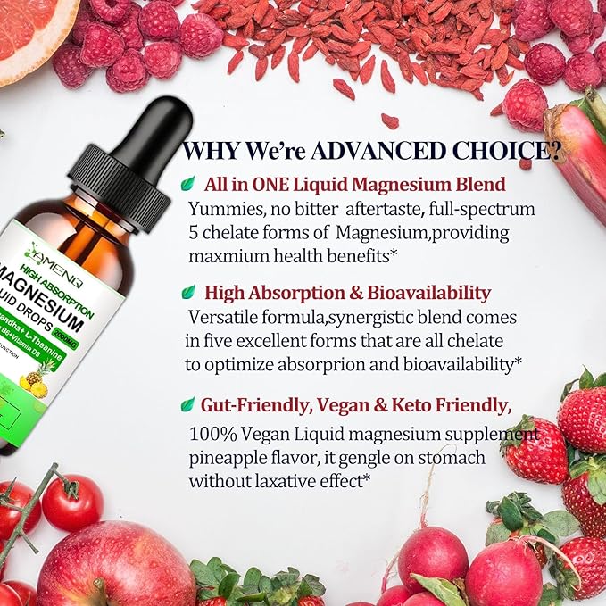 Liquid Magnesium Supplement, Organic 5-in-1 Magnesium Complex Drops 丨 Glycinate, Taurate, Oxide, Malate, Citrate w/L-Theanine, Ashwagandha for Cortisol, Sleep*, Stress, Muscle,