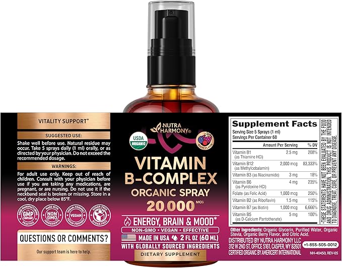 USDA Organic Vitamin B-Complex Liquid Spray 8-in-1 - B5 Pantothenic Acid | B12 Methylcobalamin | B1 Thiamine | B6 Pyridoxine | B7 Biotin | B9 Folic | B3 Niacinamide - Made in USA Supplement, 2fl oz