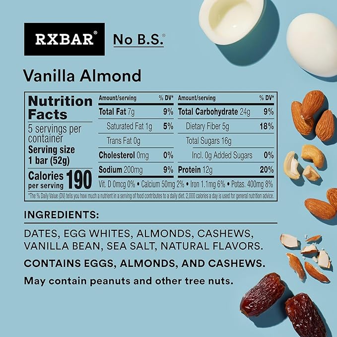 RXBAR Protein Bars, 12g Protein, Gluten Free Snacks, Vanilla Almond (6 Boxes, 30 Bars)