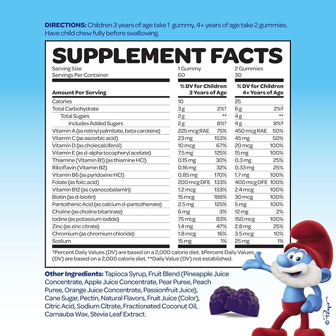Smurfs Kids Multivitamin Gummies | Multivitamin Gummies for Kids with 15 Vitamins & Minerals | Made with Real Fruit | Doctor Developed | Non-GMO and No Artificial Flavors or Colors | 60 Gummies