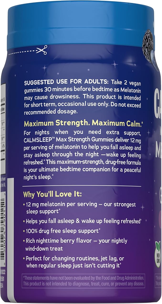 Natural Vitality Calm Sleep Melatonin 12mg Gummies | Max Strength Berry Flavored Formula | 100% Drug Free | Non-GMO, Vegan and Gluten Free Supplement |100 Count