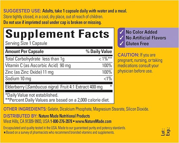 Nature Made Elderberry, Vitamin C and Zinc Capsules, 400 mg Elderberry Extract, Dietary Supplement for Immune Support, 60 Capsules, 60 Day Supply