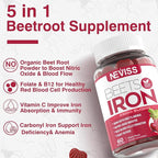 Beet Root Gummies with Iron, Methyl B12, Folate, Vitamin C - Increase Nitric Oxide & Iron Levels, Energy Support, Fight Fatigue, Beetroot & Gentle Iron Supplement, Sugar Free, 120 Count