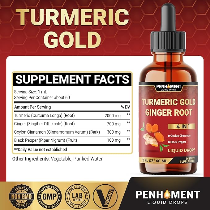 4 in 1 Liquid Turmeric Curcumin Drops Ginger Ceylon Cinnamon and Black Pepper - 2FL oz - 60 Servings