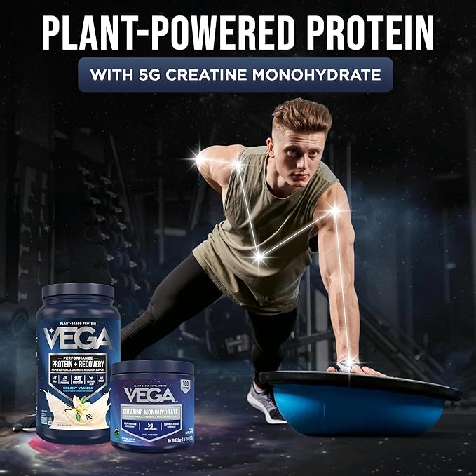 Vega Creatine Monohydrate Powder 17.6oz (100 Servings) & Vega Sport Protein & Recovery Vanilla Protein Powder 1.8lbs - Plant-Based Protein and Muscle Support