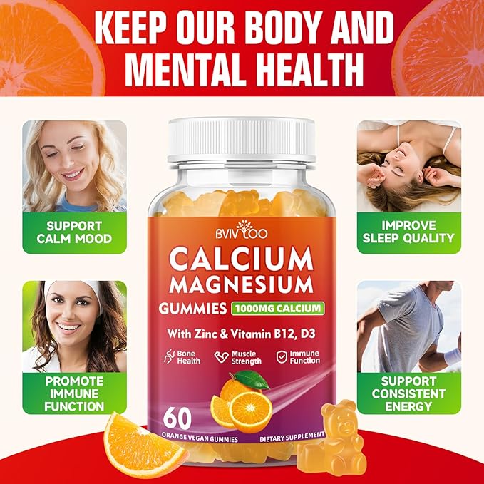 2 Pack Calcium Gummies 1000mg with Vitamin D3 K2 & B Complex, Potassium, Calcium Magnesium Zinc Gummies for Bone, Muscle, Mood and Immunity - Orange Flavor 120 Gummies