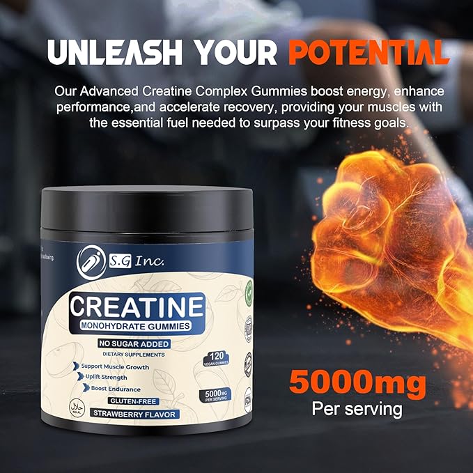 S.G Creatine Monohydrate Gummies for Men & Women ‒ Sugar Free - Vegan - 5g Creatine for Muscle Support ‒ Pre-Work Out Chewable Supplements for Energy Boost ‒ Strawberry Flavored 120ct Gummies.