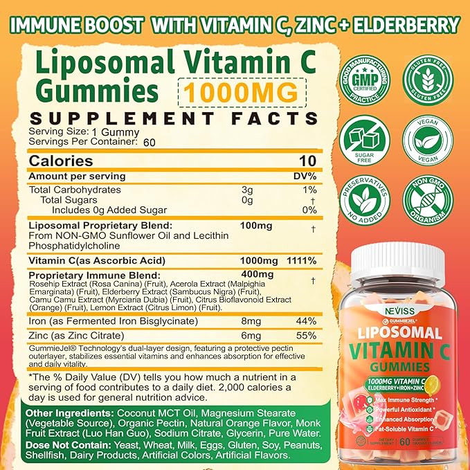 Liposomal Vitamin C 1000mg Gummies for Adults - Vitamin C Chewable with Elderberry, Zinc & 8mg Iron, Sugar Free Vit C Supplements, Daily Immune Support Gummies for Energy, Collagen Booster, 120 Counts