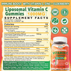 Liposomal Vitamin C 1000mg Gummies for Adults - Vitamin C Chewable with Elderberry, Zinc & 8mg Iron, Sugar Free Vit C Supplements, Daily Immune Support Gummies for Energy, Collagen Booster 60 Counts