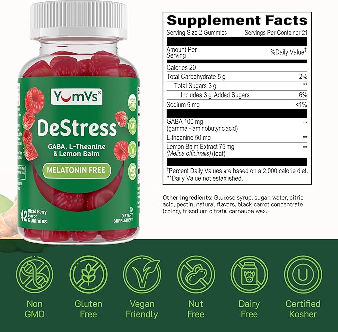 YumV's De-Stress Gummies with GABA, L-Theanine and Lemon Balm - Mixed Berry Flavor - Calming Gummies for Adults and Teens - Gluten Free Non-GMO Vegetarian Mood Support Relax Supplement (42 Count)