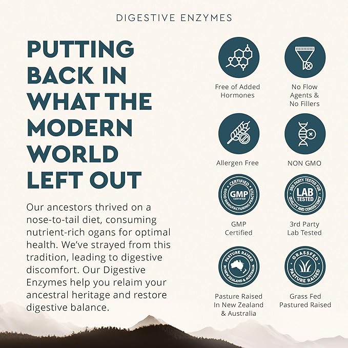Ancestral Supplements Digestive Enzymes for Women & Men, 90 Capsules, with Probiotics and Grass Fed Beef Organs, Supports Gut Health, Digestive Health & Nutrient Absorption, Allergen Free, Non GMO
