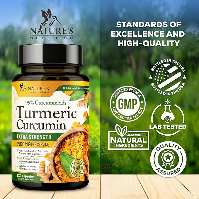 Turmeric Curcumin Supplement 1500mg - Organic Tumeric & BioPerine Black Pepper for Best Absorption with 95% Curcuminoids, Nature's Joint & Immune Support, Non-GMO, Bottled in USA - 120 Capsules