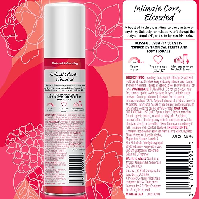 Summer's Eve Daily Refreshing Feminine Spray, Blissful Escape, Daily Body Spray for Women, Feminine Care that Neutralizes & Reduces Body Odor, Gynecologist-Tested, 2 oz