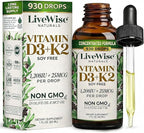 Live Wise Naturals Vitamin D3 K2 Drops for Adults - 930 Drops, Ultra Concentrated Formulation, Fast Absorption 1208 IU Vitamin D3, 25 MCG (MK-7) - Micro-Dosing Dropper for Calcium & Bone Support