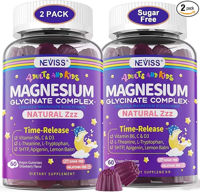 Magnesium Glycinate Gummies for Adults & Kids 4+, Sugar Free Magnesium Bisglycinate Supplement 400/200mg with B6D3, 5HTP, L-Theanine for Sleep & Relaxation, Brain, Muscle, Melatonin Free Gummies,2Pack