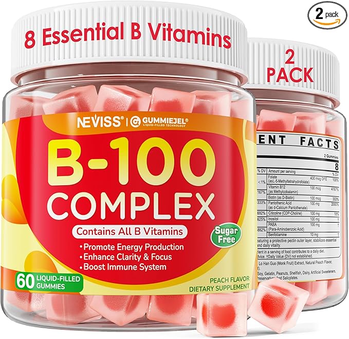2 Pack Super Vitamin B Complex Gummies - Methylated B Complex for Women & Men, All B Vitamins, Methyl B12, Methylfolate, Vitamin C, Choline, Inositol, PABA for Energy, Brain & Immune, 0g Sugar, Vegan