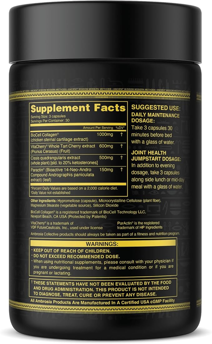 Ambrosia Mwendo Joint Support Supplement | BioCell Collagen, Tart Cherry & Cissus | Ligament, Tendon & Connective Tissue Support | ParActin for Mobility | 90 Veggie Capsules