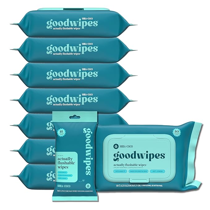 goodwipes Flushable Butt Wipes - Vitamin E & Aloe - Sewer & Septic Safe - Extra Large Adult Wet Wipes For Women & Men - Bathroom Essentials - Shea-Coco, 418 Count (8 Packs + 1 Travel)