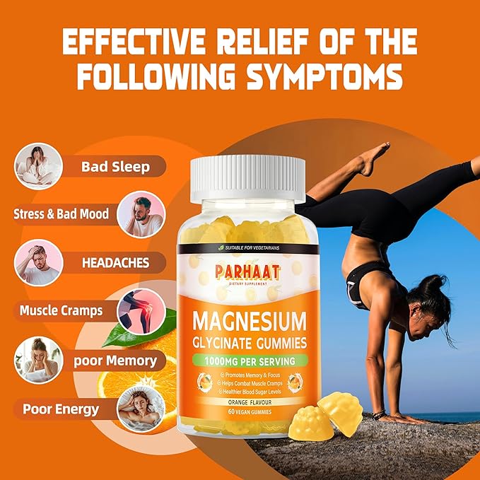 Magnesium Glycinate Gummies 1000mg - Sugar Free Magnesium Potassium Supplement with Vitamin D, B6, CoQ10 for Calm Mood & Sleep Support - 60 Orange Gummies