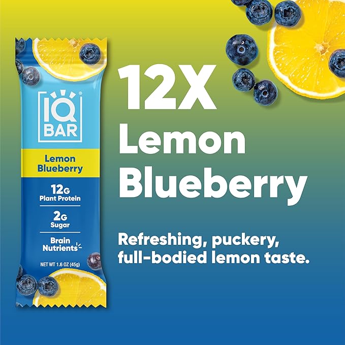IQBAR Clean Plant Protein Bars - Lemon Blueberry - 12 Count - Keto, Vegan, High Fiber, Gluten and Dairy Free, Low Sugar Snack - Brain and Body Nutrients for Focus, Energy, Meal Replacement